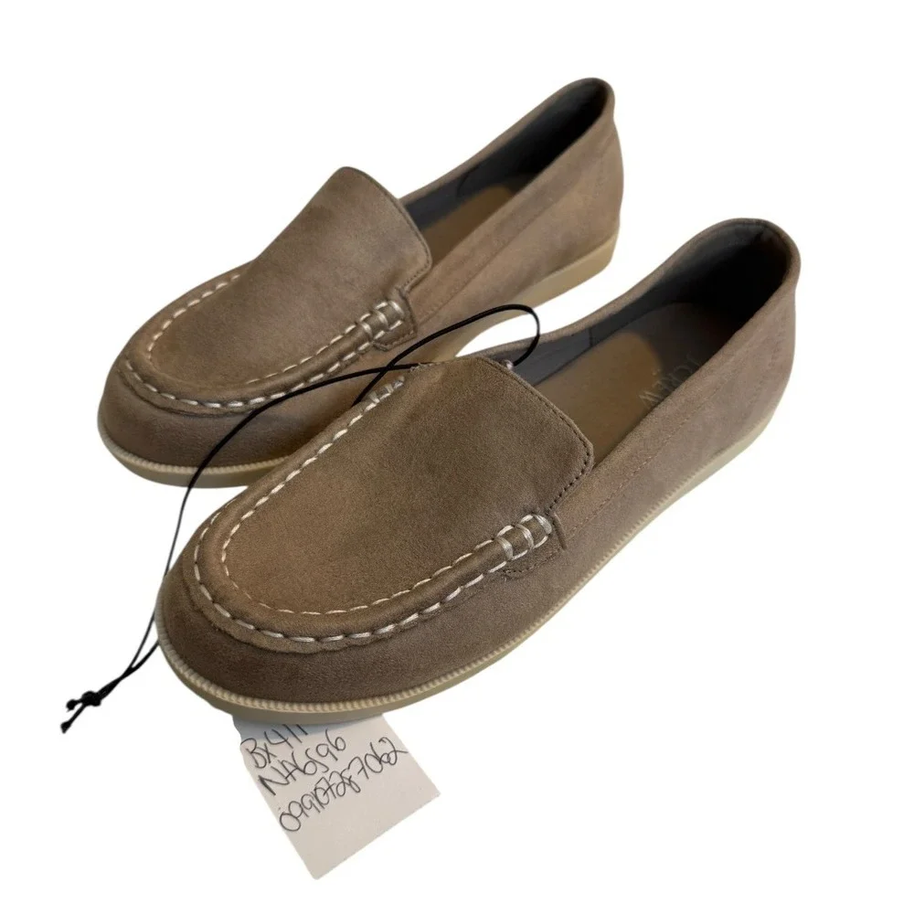 J Crew Tan Faux Suede Moc Toe‎ Loafers Contrast Stitch Slip On Flat Shoes Size 3